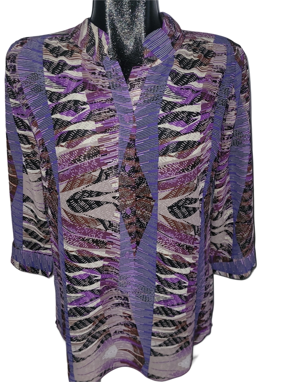 Love & Liberty Women's Purple Patterned Cropped Sleeve Blouse Size L